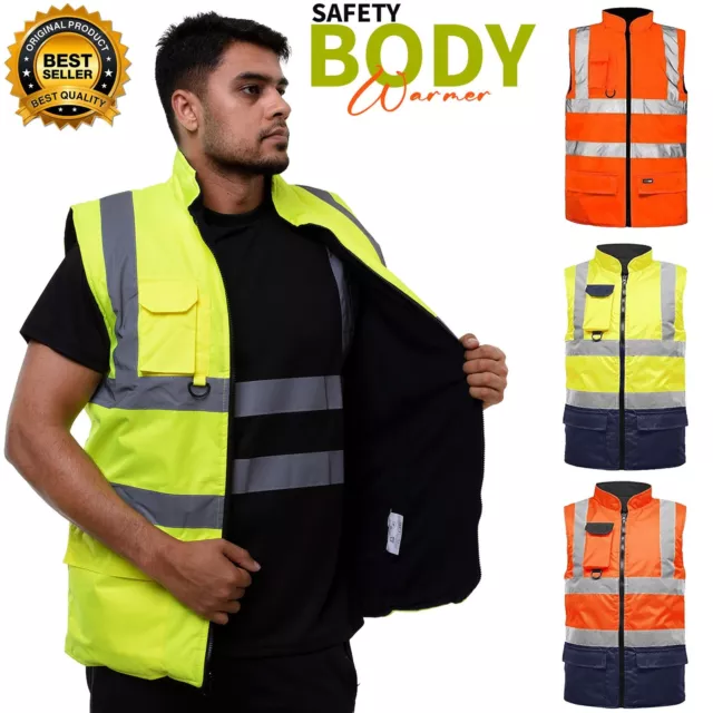 Hi Viz Body Warmer Vis Visibility Fleece Reversible Waterproof Gilet Waistcoat