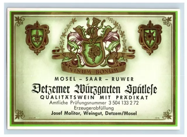 1970's-80's Vinum Bonum Detemer Wurgarten German Wine Label Original S19E