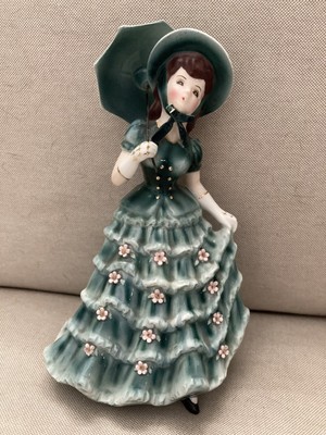 VTG 1955 Lefton JEANNE 8" Figurine PY5741 Aqua Ruffle Dress w/Parasol