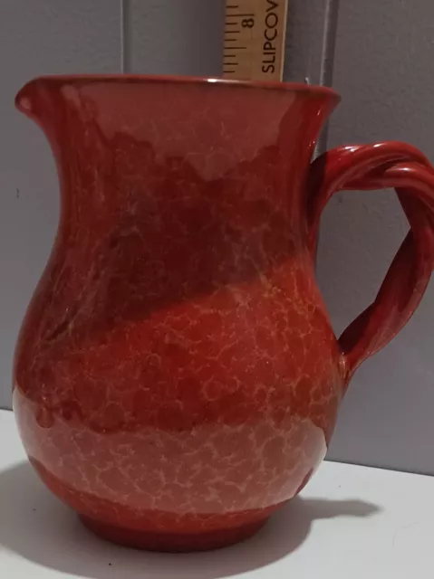 Vintage Red Yellow Muttled Glazed Italian Pottery Pitcher  Braided Handle Italy 3