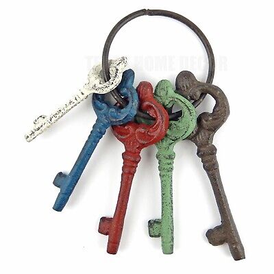 Five Colorful Skeleton Jailer's Keys On A Ring Cast Iron Antique Victorian Decor