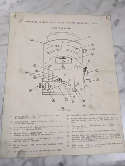 Sunnen Temporary Instructions Pg-800 Industrial Size Dial Bore Gage Shop Book