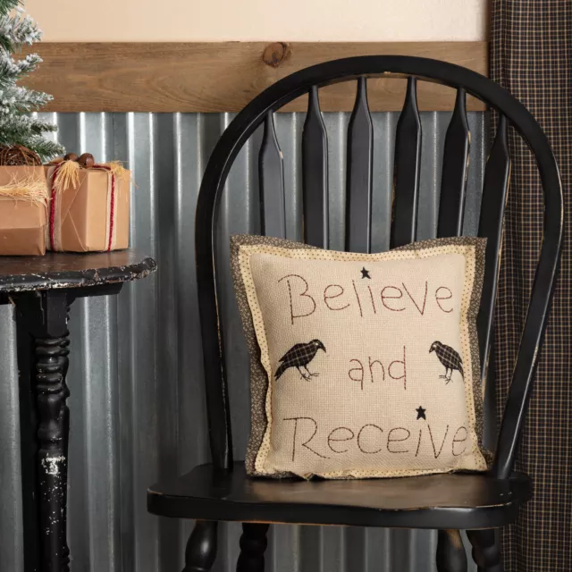 VHC Brands Primitive 12"x12" Believe Receive Pillow Tan Christmas Holiday Decor