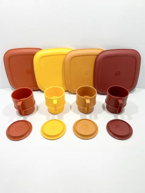 Vintage Tupperware Stackable Mugs Lids Coasters + Plates Autumn Harvest Set of 4 2