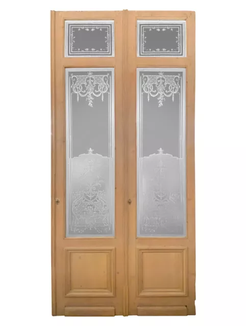 Antique French Figural Etched Glass Double Doors 133 x 62