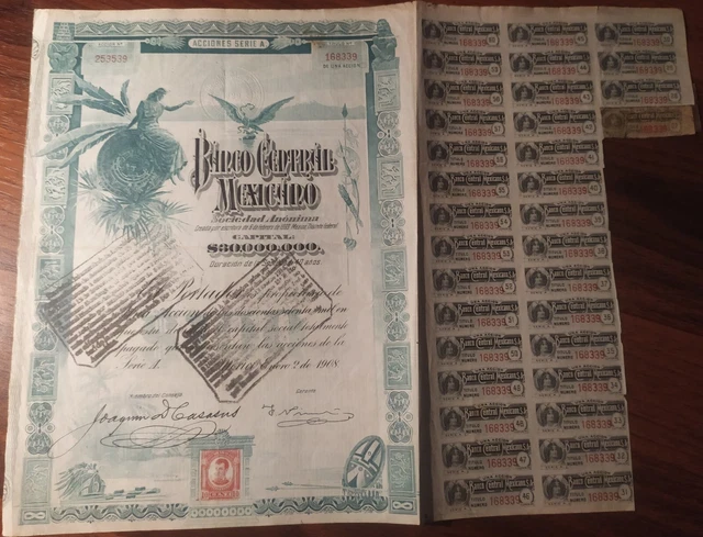 Mexico 1908 Banco Central Mexicano BLUEBERRY 100 Pesos Coupons Bond Loan Share