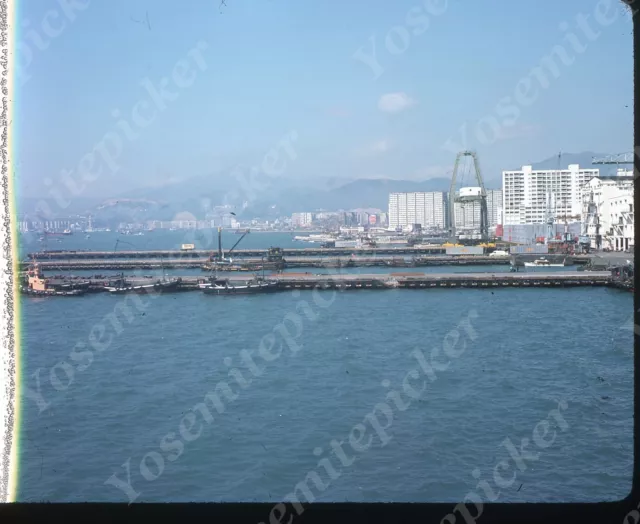 Sl68 Original slide 1975 Hong Kong Harbor boat dock 828a