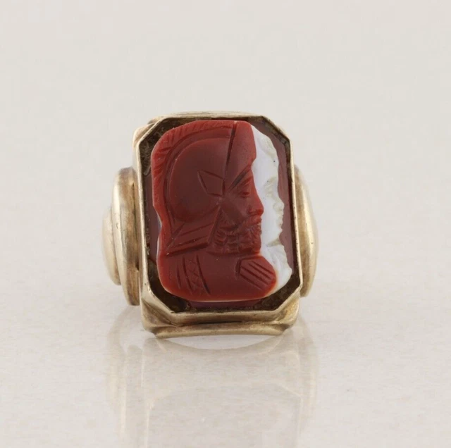 Men's 10k Yellow Gold Cameo Sardonyx Ring Roman Cameo Ring Size 7 3/4 Art Deco