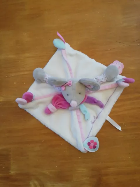 O/ Doudou Et Compagnie Souris Pearly Plat Carré Blanc Rose Gris Fleurs DC2978