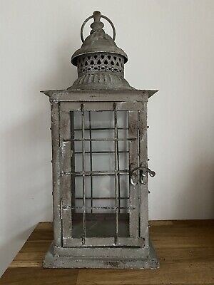 Grey Industrial Antique Metal Lantern Pillar Candle Holder Garden Indoor Vintage
