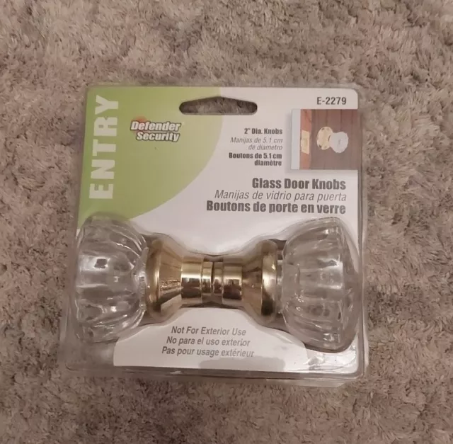 Defender Security 2" Glass & Brass Door Knobs E 2279 & Spindle, Brand New Sealed