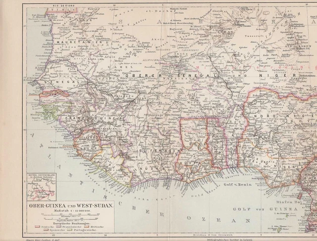 Afrika Kolonien Guinea Togo Nigeria Kamerun KARTE von 1905 Sierra Leone Liberia