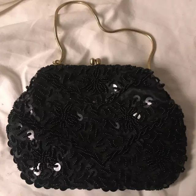 Purse Du Val Black Sequin Beads Evening Hand Chain Bag Clasp Hong Kong Vintage