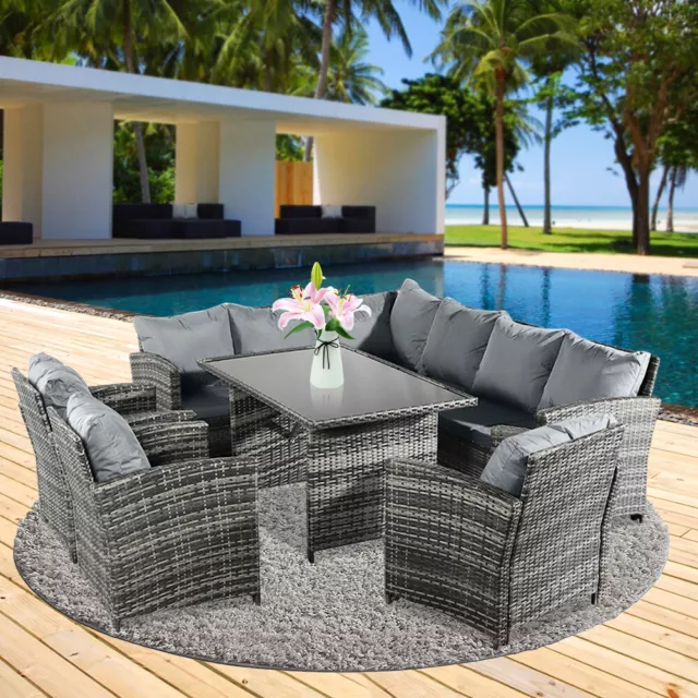 Rattan Garden Furniture 9-Seater Corner Dining Set Table & Armchair FREE COVER