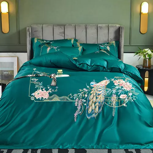 Luxury 4Pcs Satin Egyptian Cotton Peacock Embroidery Bedding Set Cover Set Bed