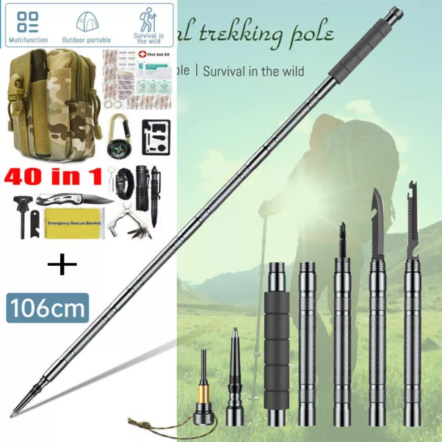 Survival Kit 40 in 1 Emergency Tactical Walking Stick Hiking Poles Camping Tools