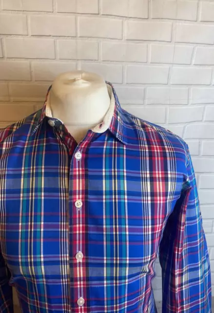 Camicia rosa Thomas a scacchi blu PICCOLA aderente polsino con bottoni