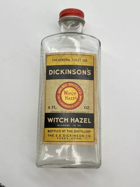 Vintage Dickinson's WITCH HAZEL Glass Bottle Copyright 1933 Metal Cap 6.5”