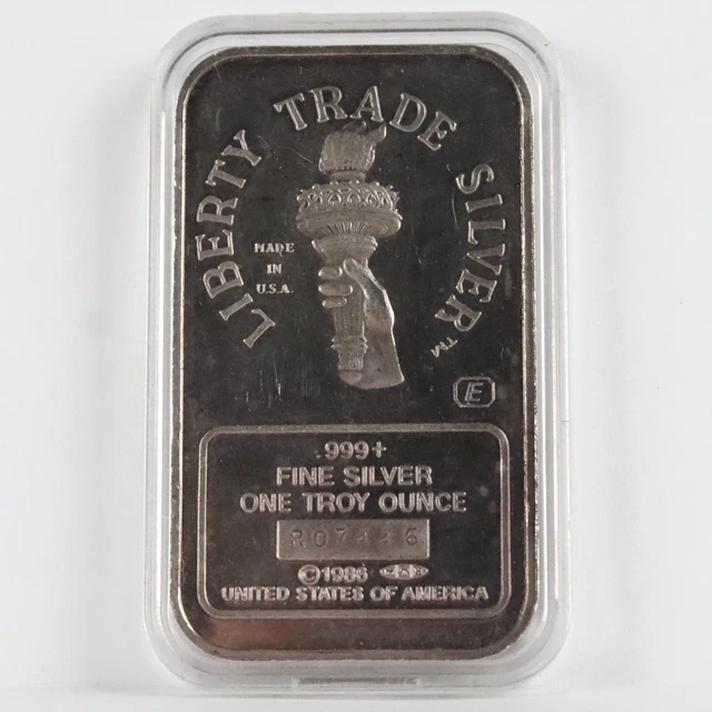 1986 ENGELHARD 1 oz .999 Fine Silver Bar Liberty Trade Silver MTB