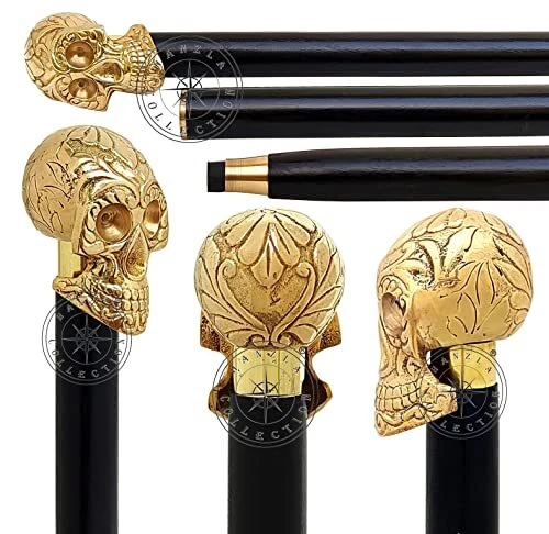 Polished Brass Skull Head Design Cane Wooden Walking Stick Vintage Gift for