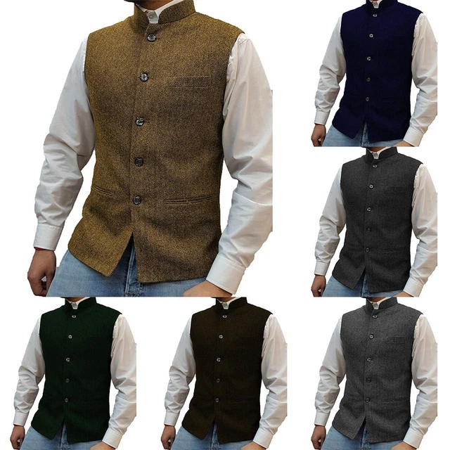 Uomo Gilet Vestiti Formale a Spina di Pesce senza Maniche Slim Fit Tweed V Collo