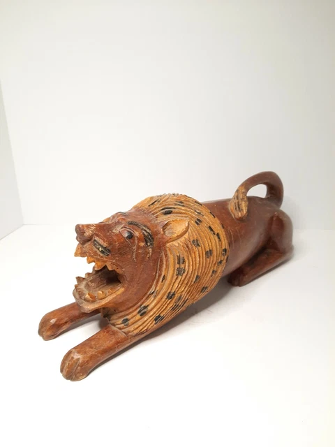 Hand Carved Wood Lion Africa Unique Roaring 14" Large Solid Heavy Free Shipping