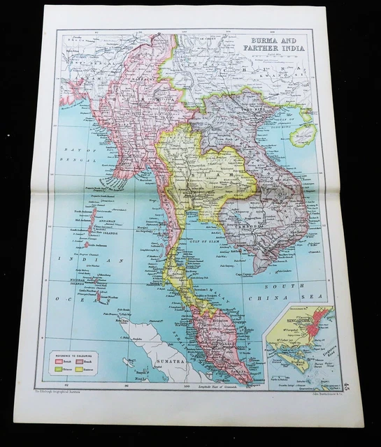 ANTIQUE MAP OF Burma Farther India French Indochina Siam Singapore 1910 ...