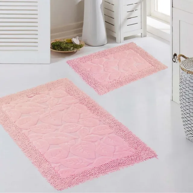 Juego de Alfombras de baño 2 piezas - lavable - diseño de hojas en rosa