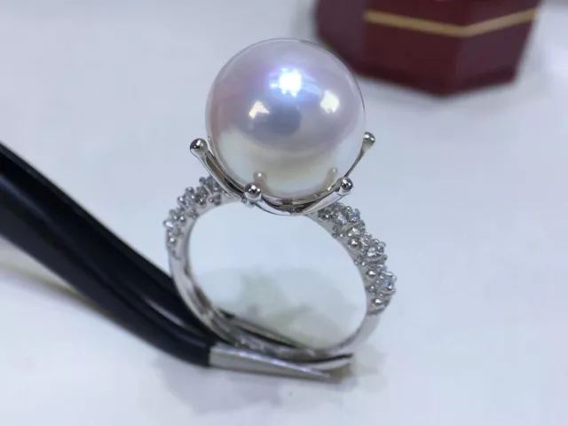 Gorgeous AAA 10-11mm Natural Round South Sea White Pearl Ring 925s