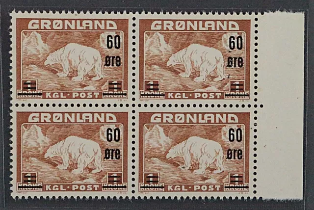 1956, GRÖNLAND 38 ** Eisbär mit Aufdruck 90 Ö. im VIERERBLOCK postfrisch, 70,-€