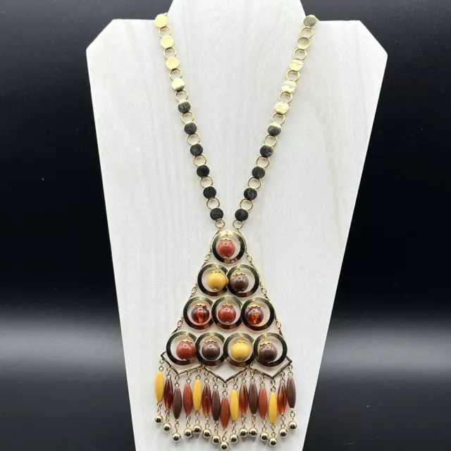 Vintage Yellow & Brown Dangle Bead Waterfall Triangle Pendant Gold Tone Necklace