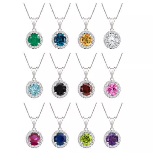 Round Cut Multi-Color Stone 14k White Gold Plated 925 Silver W/18" Chain Pendant