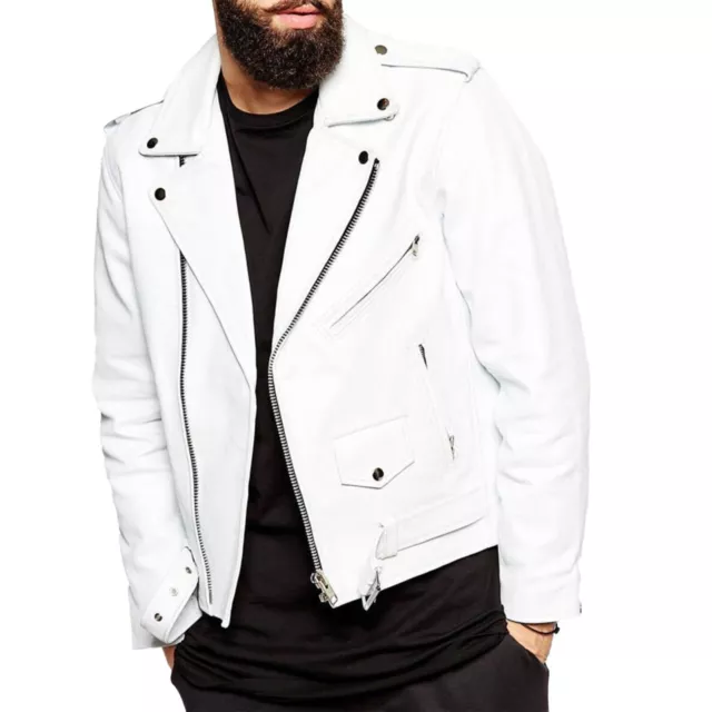 Piel Hombre Chaqueta 100% Genuino Blanco Chaqueta Biker de Piel, Regalo para Él