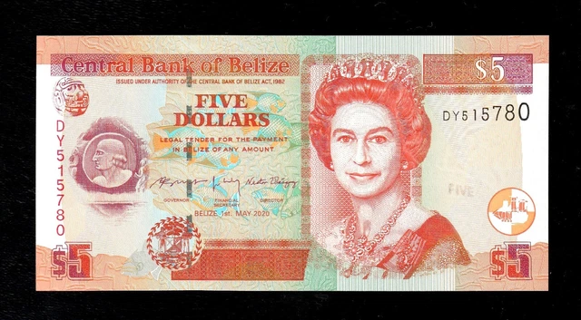 Belize $ 5 Dollars 2020  P 67 Unc * Qe Ii * Banknote