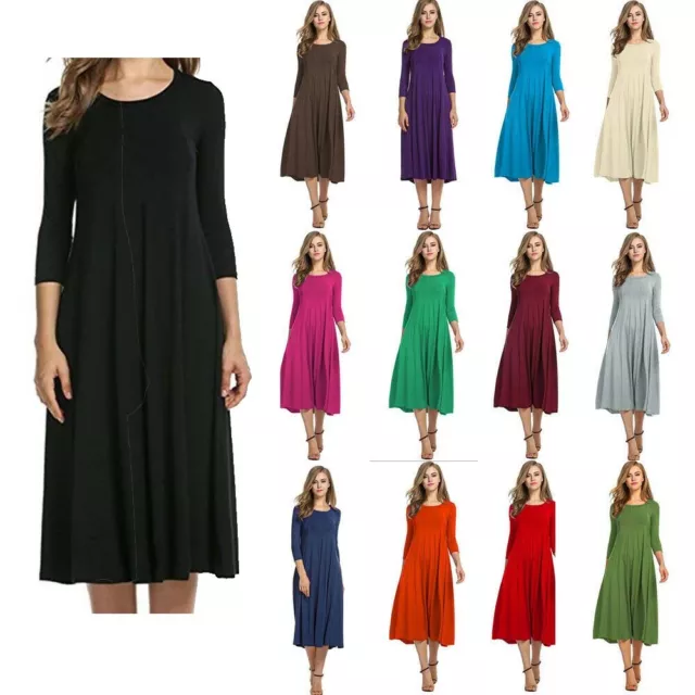 Womens Ladies Plain Jersey Swing Dress Casual Long Sleeve Midi Dresses Skater