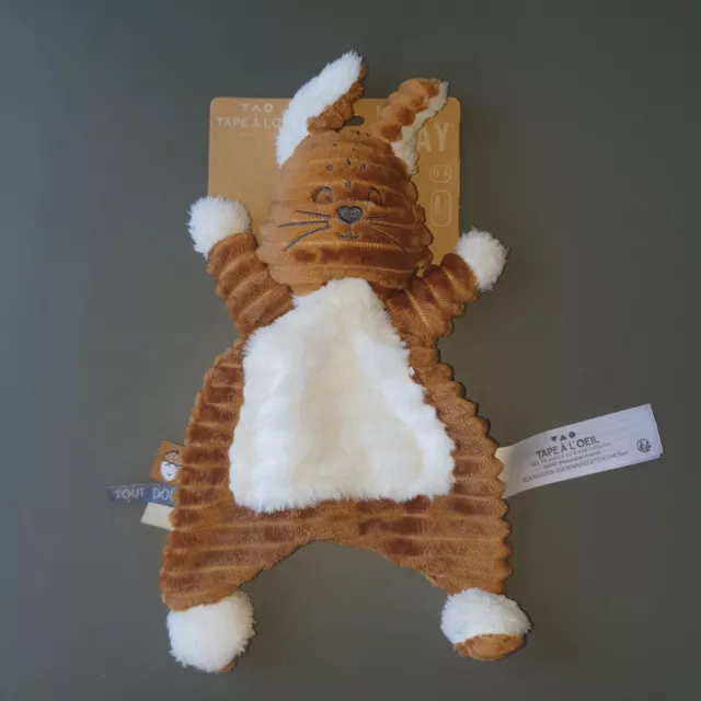Doudou Plat Lapin Brun Blanc Velours Côtelé Tout Doux Tape À L'œil TAO Neuf