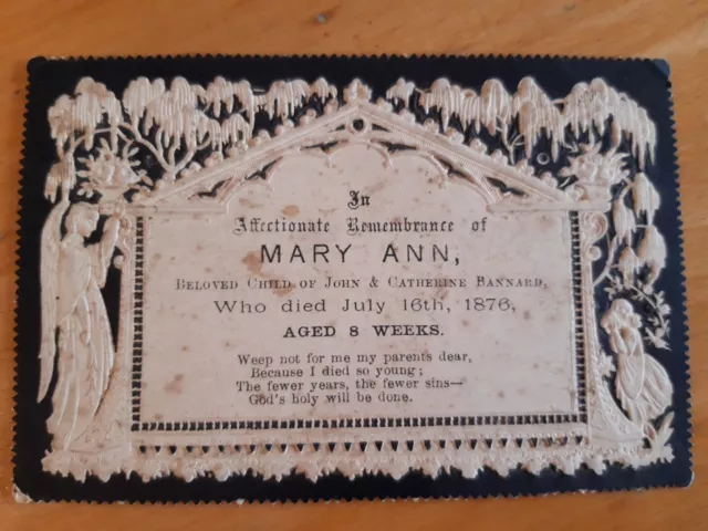 Embossed In Memoriam Card 1876 BABY aged 8 weeks MARY ANN BANNARD Mourning Death