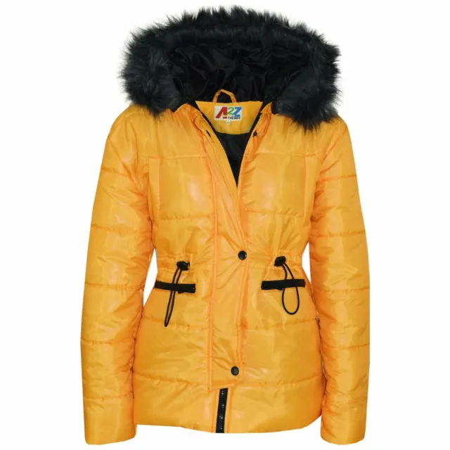 Kids Girls Jacket Puffer Mustard Hooded Detachable Faux Fur Wet Look Padded Coat