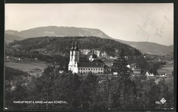 Graz-Mariatrost, Panoramablick auf die Wallfahrtskirche, Ansichtskarte 1930