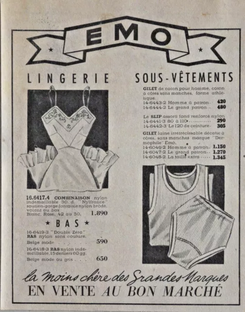 Publicité De Presse 1956 Emo Lingerie Sous-Vêtements Bas Nylon Slip Combinaison