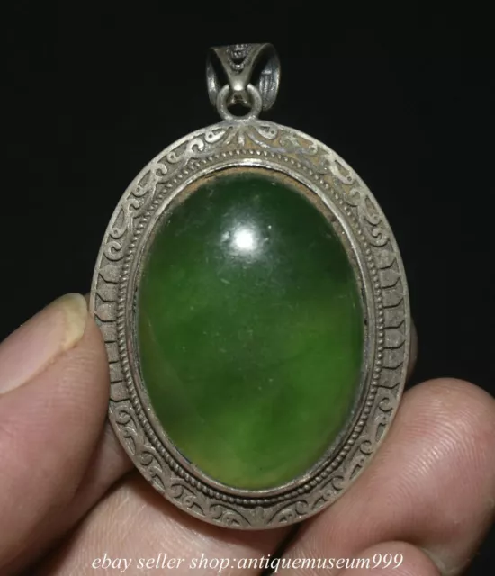 2.2" Old Chinese Silver Inlay Green Jade Dynasty Palace Pendant "Gua Jian"