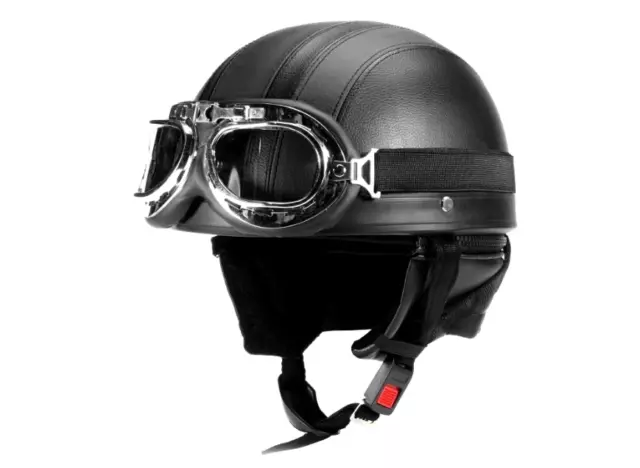 Casque Bol Moto Velo Retro Old School Cuir +Paire Lunettes Type Aviateur Cosplay