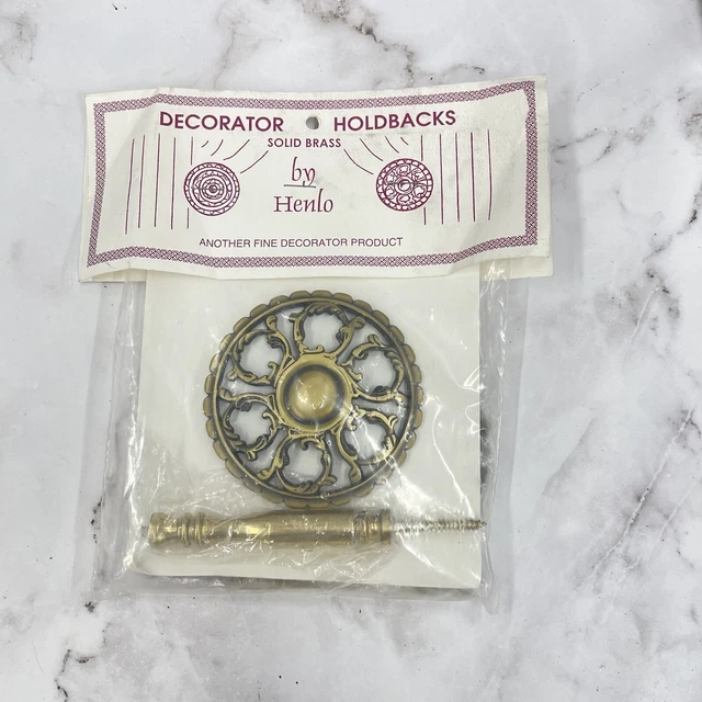 Vintage Henlo Solid Brass Drapery Curtain Decorator Holdbacks Medallion Pair