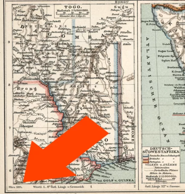 Landkarte anno 1894 - Kolonien Kamerun Togo Deutsch-Südwestafrika Schutzgebiete 2