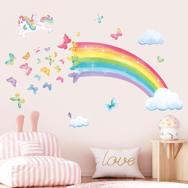 RAINBOW WALL DECALS Unicorn Rainbow Butterflies Clouds Wall Stickers