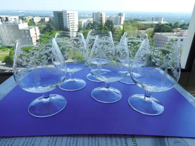 Anciens 6 verres à cognac en cristal gravés de BACCARAT SAINT LOUIS ?