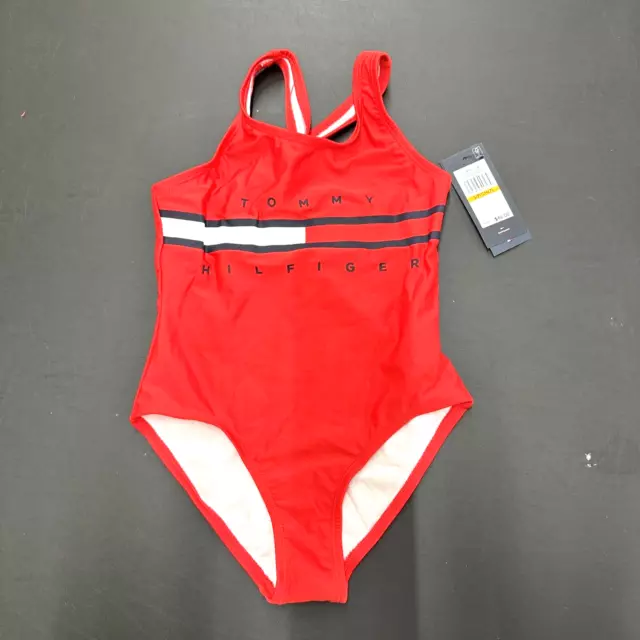 NWT Girls Size Small/7 Tommy Hilfiger One Piece Chinese Red Logo Swim Suit