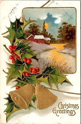 Christmas Greetings Snow Covered Cabins Creek Bells Holly Embossed Postcard