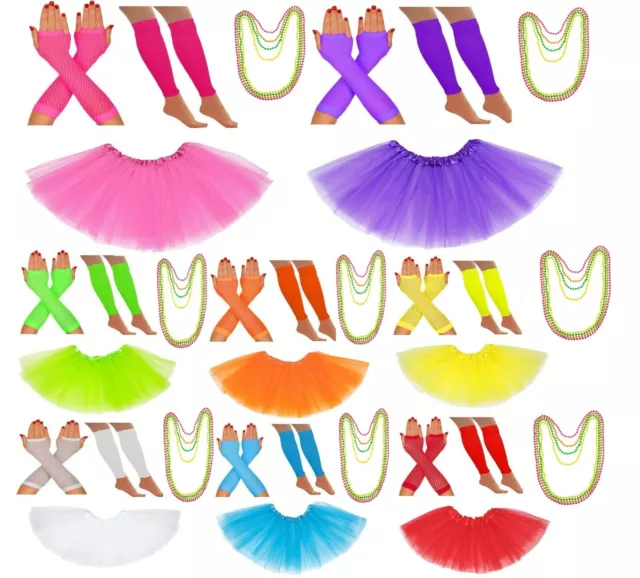 Ladies Neon Tutu Skirt Leg Warmers 1980s Fancy Dress Fishnet Gloves Hens Party