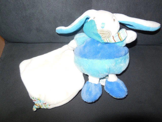 DOUDOU ET COMPAGNIE peluche lapin blanc bleu turquoise + mouchoir 16cm